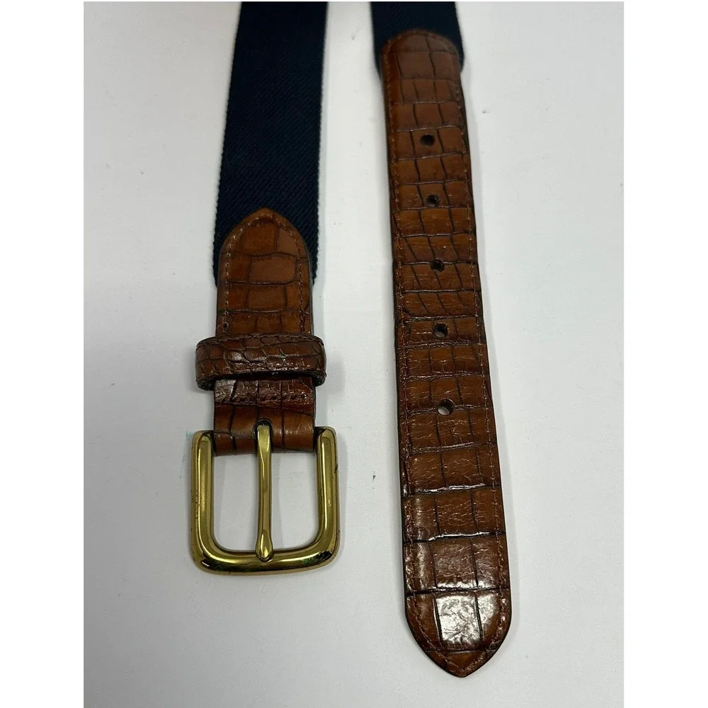 Orvis Mens Belt 42 Navy Blue Canvas Brown Croc Embossed Leather Brass USA Made